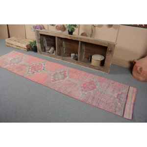 Alfombra de lana Vintage de 2,4x10 pies, rosa y Beige, hecha a mano, estilo bohemio, alfombras rectangulares de retazos turcos para respaldo de látex de cabecera - Product Image 3