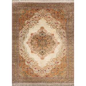 Alfombra de Seda Anudada a Mano Gulmarg, Grande, Rectangular, con Medallón Rojo Naranja, Modelo Pae-5397, para Pasillo, Sala de Estar - Product Image 1