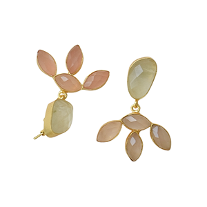 Pendientes Largos Vintage Chapados en Oro de 18K con Prehnita, Calcedonia Rosa, Forma de Marquesa, Incrustaciones Geométricas, Engaste de Bisel, Latón, Agua Dulce - Product Image 2