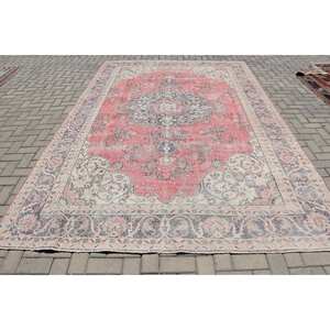 Alfombra de retazos de lana Vintage roja y azul 7,6X11,4 pies área grande para entrada o pasillo patrón abstracto en respaldo de látex - Product Image 1