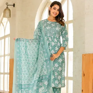 Latest Fashionable Women's Ethnic Wear Embroidered Pure Cotton Fabric Designer Salwar Suits & Kurti Sets at Wholesale Prices