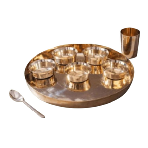 Kansa Finition mate Classique Curved Thali Service 7 Pièces Pur Bronze Traditionnel Fait à la Main Ayurvédique Sain Écologique Service de Dîner - Product Image 4