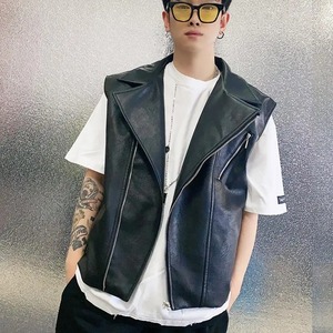 EDGECO New Real Leather High Street <b>Biker</b> Motorcycle Hip Hop <b>Waistcoat</b> Men's Punk Solid Black Sleeveless Loose Eco-Friendly - Product Image 6