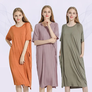 ชุดเดรสสำหรับผู้หญิงสีพื้นใหม่เสื้อทรงหลวมคอกลมสำหรับผู้หญิงขนาดใหญ่พิเศษ - Product Image 2
