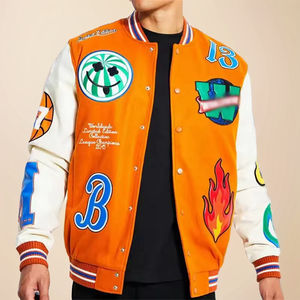 เสื้อแจ็กเก็ตเบสบอลสำหรับผู้ชายลายตัวอักษรปกพับลงปักลายถนนสูง - Product Image 4