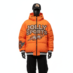 High Quality 380 GSM Puffer <b>Jacket</b> <b>Soft</b> <b>Shell</b> Polyester Fabric Custom Embroidery Logo Flame Style Puffer <b>Jacket</b> for <b>man</b> - Product Image 1