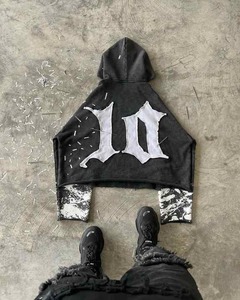 OEM Custom Manufacturer 3D Embroidery Distressed Patch Hoodies Print Cut and Sew Men Cropped Stone Acid Washed Hoodie - Product Image 2