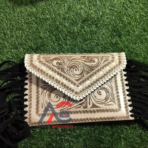 Nueva llegada elegante mano Tooled cuero flecos bolsos patrón occidental cuero de vaca real tallado bolsos cruzados mujeres Sling monederos - Product Image 1