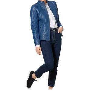 Veste en cuir de couleur bleue pour dames mode cuir véritable col montant balles jeans porter des vestes - Product Image 3