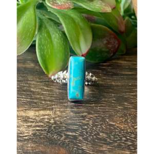 Navajo-Made Fine Jewelry Kingman Turquoise & Sterling <b>Silver</b> Bar <b>Statement</b> <b>Ring</b> Size 6.5 for Everyday Wear - Product Image 1