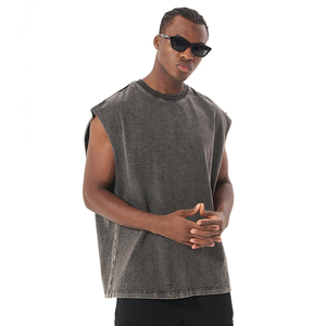 Wholesale Men's High Quality Acid Washed Gym Tank Top Button Decoration Sleeveless T-Shirt with Thick <b>Neck</b> Design - Product Image 5