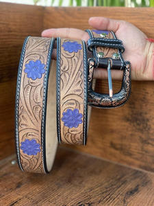 Nuevo Western Stylish Real Genuine Hand Tooled Leather Floral Paint Designer Belts Cinturón de cintura unisex de cuero hecho a mano de alta calidad - Product Image 2