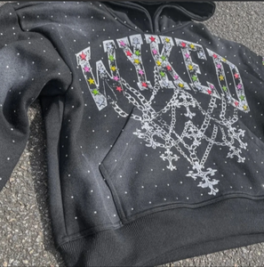 100% algodón personalizado invierno sudaderas con capucha de gran tamaño Streetwear pesado bordado desgastado Rhinestone ácido lavado Zip Sudadera con capucha frontal - Product Image 5