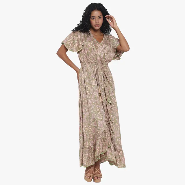 Elegant bedrucktes langes Kleid Damenmode Slim Deep V-Ausschnitt Kleid mit hoher Taille Hot Selling Großhandel Custom Casual 2023 Sommer