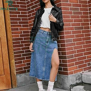 Manteau moto en cuir denim imperméable coupe slim tendance pour femme avec logo uni et rembourrage en coton - Product Image 5