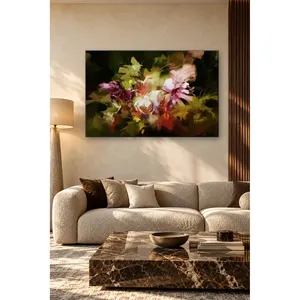 ช่อดอกไม้สีชมพูฟิดาบนพื้นหลังสีเขียวเข้มพิมพ์บนผ้าใบแบบนามธรรม - Product Image 1
