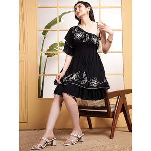 DEEBACO Women's Solid Black Woven Rayon Knee-Length One Shoulder Asymmetric Tiered Embroidered Washable Stylish One Piece <b>Dress</b> - Product Image 1
