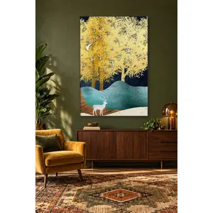Impression sur toile Fida avec des arbres dorés et des cerfs blancs sur fond clair - Product Image 3