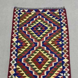 พรมคิลิมวินเทจขนาด 2.7x9.3 ฟุต พรมตุรกี พรมขนสัตว์สีแดงลายปะติด - Product Image 5