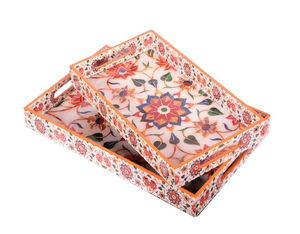 Plateau de service imprimé en bois fait à la main avec poignées pour servir facilement des aliments et des boissons du fournisseur indien - Product Image 1