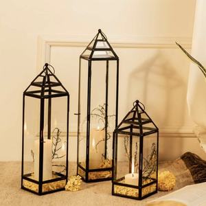 Nordic Decorative Toughened Glass <b>Candle</b> Holder Custom Sizes Wood <b>Lanterns</b> Jars <b>with</b> <b>Black</b> Metal Rim for Home Events & Christmas - Product Image 1