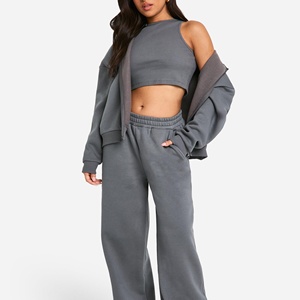 Chándal gris oscuro de 2 piezas para mujer, camiseta sin mangas recortada, Sudadera con capucha y pantalones para correr, ropa de calle informal, traje de salón - Product Image 1