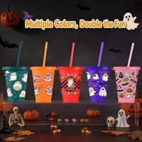 Gobelet en plastique 16oz à logo personnalisé, motif Sugar Skull et paillettes, pour le Jour des Morts et Halloween, réutilisable, avec couvercle et paille, vente en gros usine