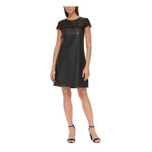 Abito Kensie da donna in similpelle nera con finiture in pizzo, taglia 12, silhouette dritta - Product Image 1