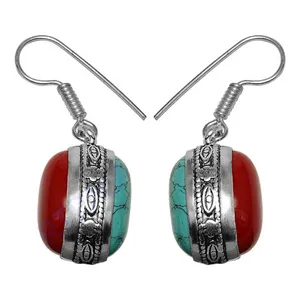Pendientes colgantes vintage para mujer, con coral rojo y bisel de plata antigua, joyería de plata - Product Image 3