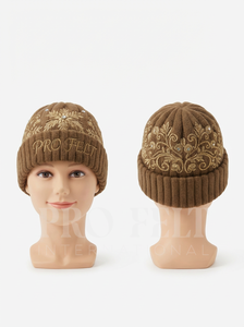 Bonnet en tricot d'hiver pour femme OEM ODM avec broderie dorée, chaud, doux, extensible, motif floral jacquard, pour temps froid - Product Image 3