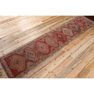 2.2x11 ft Rug, Vintage Turkish Rug, <b>Red</b> Brown Camouflage <b>Wool</b> Rug - Product Image 2