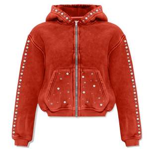 Sweats à capuche personnalisés en coton lourd pour hommes, imprimé lavé à l'acide en détresse, sweat à capuche surdimensionné avec fermeture éclair et coupe carrée Streetwear avec strass pour hommes - Product Image 3