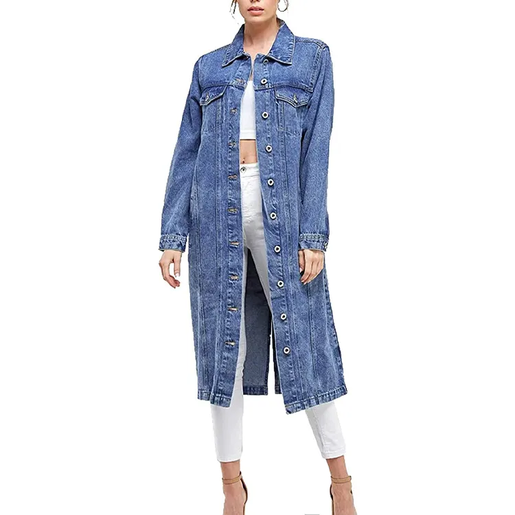 High Quality Women's Long Casual Maxi Length Denim Cotton Coat Oversize Button Up Jean Coat