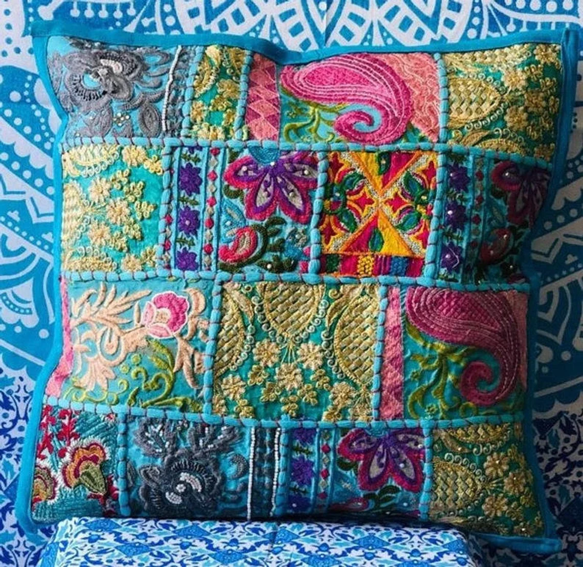 Indian Handcrafted Patchwork Embroidery Cushion Cover Home Decor