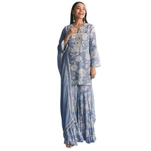 Traje Kurta Sharara con estampado floral de muselina azul con bordado Moti para mujer, fiesta de boda india y traje tradicional - Product Image 3