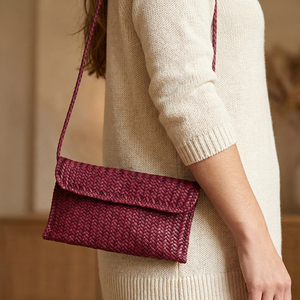 <b>Burgundy</b> Eco-Friendly Handwoven Wicker Crossbody Bag Lightweight Durable Leather Sling <b>Handbag</b> with Long Strap - Product Image 2