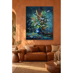 Bouquet de fleurs sauvages Fida dans un vase bleu marine, impression sur toile - Product Image 1