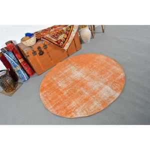 พรมตุรกีวินเทจขนาด 4x4.1 ฟุต, พรมทรงกลม, พรมขนสัตว์สีส้ม - Product Image 2