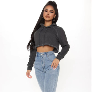 Material polar profesional de alta calidad OEM ODM El mejor diseño Sudadera con capucha lavada con ácido para mujer con Top corto de manga completa - Product Image 1