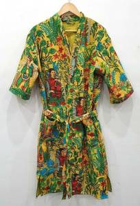 Bata Kantha de algodón verde de doble capa para mujer con bolsillos y cinturón Kimono de retazos Kantha hecho a mano estilo dulce - Product Image 2