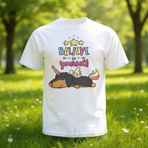 T-shirt Dachshund Unicorn Believe In Yourself pour adulte, unisexe, col rond, blanc, 100 coton, imprimé graphique, design motivant - Product Image 2