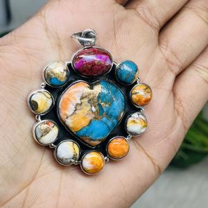 Oyster Cobre Turquesa Plata de Ley 925 Colgante de diseñador hecho a mano Encantos finos con incrustaciones de ajuste de bisel - Product Image 2