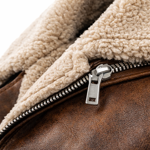 Chaqueta de cuero con cuello de piel de oveja marrón, abrigo de cuero con cremallera para invierno, chaqueta de cuero para hombre, cuero genuino de alta calidad - Product Image 6