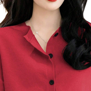 Womens Red Knit <b>Cardigan</b> <b>Sweater</b> Long Sleeve Button Front Neck Casual Simple Winter Smart Top Office Daily Wear Style Fits - Product Image 3