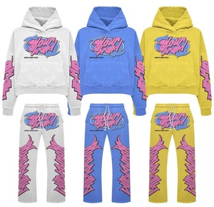 Lightweight Eco-Friendly Breathable Printed Cotton Acid Washed Vintage Sunfaded Winter Casual <b>Hoodie</b> Sweatpants Sets Unisex - Product Image 3