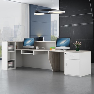 Modern L Shape <b>Reception</b> Desk With Light Wood Top White Base Minimalist Office Furniture Commercial Front <b>Counter</b> Table - Product Image 2