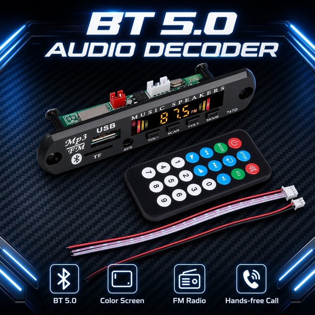 5.0 Car Audio MP3 Decoder Board Color Screen FM Radio Module Support FLAC WMA WAV Lossless TF USB AUX with Remote
