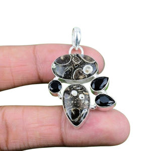 925เงินสเตอร์ลิงทำด้วยมืออัญมณีธรรมชาติ Turritella Jasper จี้เครื่องประดับเงินแท้ที่มีคุณภาพดีที่สุด - Product Image 1