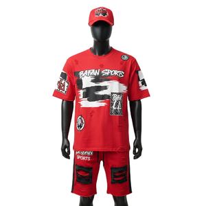 Conjunto de Camiseta y Pantalones Cortos de Algodón Jersey Grueso de 220 GSM para Hombre, Construcción de Paneles con Logotipo Personalizado, Conjunto de 2 Piezas - Product Image 1