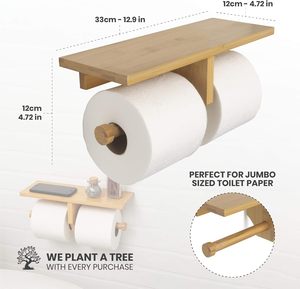 Support mural suspendu moderne en bambou naturel Double double porte-papier hygiénique avec plateau pratique pour téléphone à papier hygiénique - Product Image 3